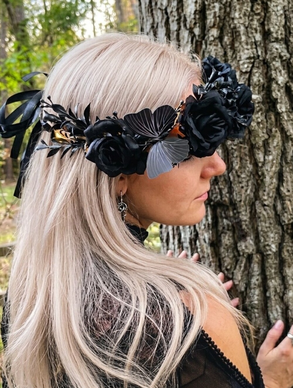 Gothic Black Butterfly & Rose Flower Crown Hair Wreath Headband